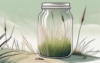 A grassy field with a glass jar in the foreground