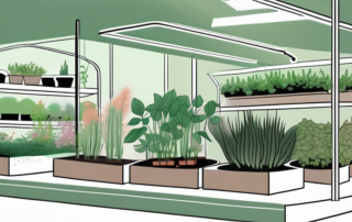 An indoor garden setup with various plants thriving under a specialized grow light