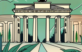 Several cannabis plants against a background featuring iconic german landmarks like the brandenburg gate and neuschwanstein castle