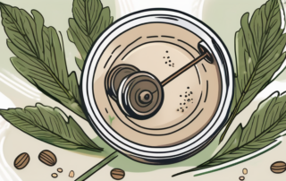 A scoop of hemp protein powder surrounded by hemp leaves