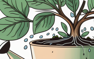 A lush green plant with a watering can pouring water onto it