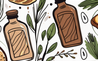 A bottle of flaxseed oil (leinöl) surrounded by different food items like salad and bread