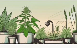 A lush garden scene with various stages of hemp plants growing
