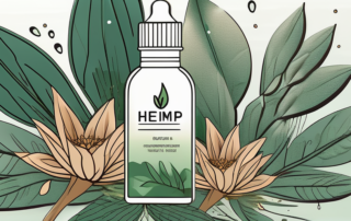 A dropper bottle of hemp oil with a few drops falling onto a stylized representation of skin