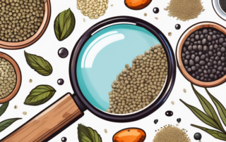 A pile of hemp seeds with a magnifying glass focusing on them