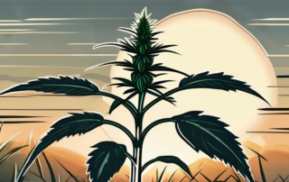 A mature hemp plant in a field with a rising or setting sun in the background