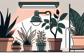 An indoor home garden with various plants thriving under a grow light