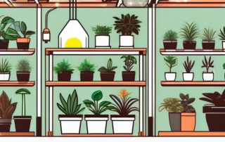 Several different types of led grow lamps illuminating a variety of indoor plants