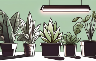 Various types of grow lights illuminating an array of indoor plants