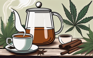 A cozy home setting with a steaming cup of homemade hemp tea on a rustic wooden table