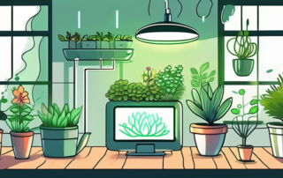 An indoor garden setup with various smart devices like automated watering system