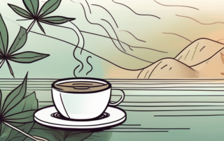 A steaming cup of tea with hemp leaves floating in it