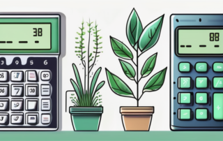 A digital calculator surrounded by various stages of plant growth
