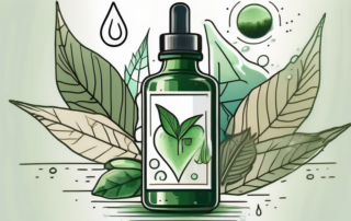 A bottle of hemp oil surrounded by various symbols of health such as a heart