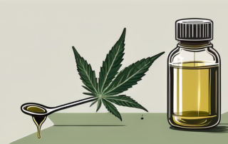 A dropper bottle of hemp oil with a leaf symbol on it