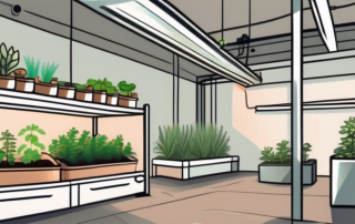 A well-organized indoor garden with various plants growing in a complete grow box setup
