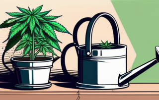 Young cannabis seedlings in a pot with a watering can nearby