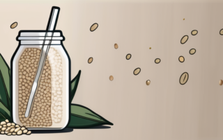 A variety of hemp seeds scattered around a protein shake