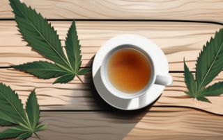 A steaming cup of tea with hemp leaves floating in it