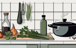 A kitchen scene with a pan on the stove