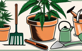 An outdoor autoflowering cannabis plant in a pot