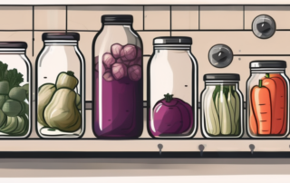 Various jars filled with different types of vegetables and fruits in the process of fermenting