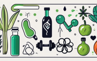 A bottle of hemp oil surrounded by various symbols of health like a heartbeat line