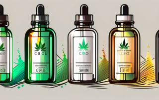 Several different cbd oil bottles bathed in a spectrum of light