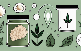 A hemp protein powder container with a few hemp leaves around it