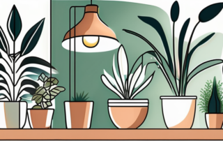 Several different types of lamps shining light onto a variety of thriving indoor plants