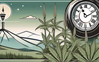 A serene landscape with various hemp plants in the foreground and a cbd oil dropper bottle in the middle