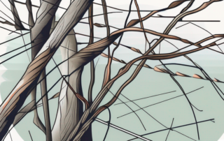 Various tree branches being supported and stabilized with stakes and ropes