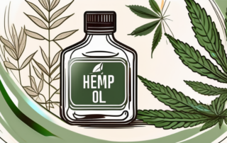 A bottle of hemp oil with an omega-3 symbol and hemp leaves in the background