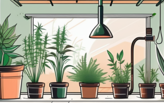 A well-lit indoor space with various stages of hemp plants growing in pots