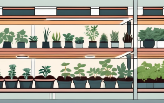Various small potted plants growing under a specialized indoor lighting system