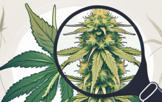 A close-up view of a cannabis plant showing milky trichomes