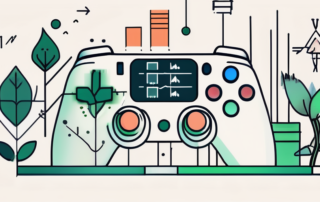 A game controller surrounded by various growth symbols such as plants