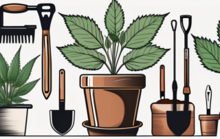 A healthy hemp plant in a pot with various gardening tools around it