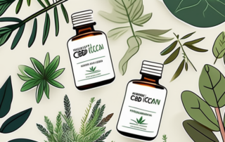A bottle of natucan cbd oil surrounded by various natural elements like plants and herbs