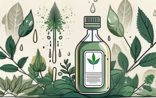 A hemp plant with droplets of oil falling from its leaves into a small bottle