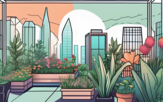 A vibrant urban garden on a rooftop with a variety of plants