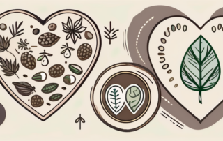 Peeled hemp seeds surrounded by symbols of health and wellness