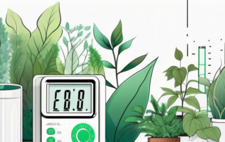 A variety of healthy plants with a digital meter displaying ec value