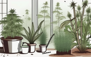 A lush garden with various stages of hemp plants growing