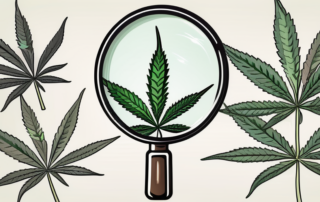 A cannabis plant with a magnifying glass focusing on its buds