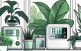 Several top ppfd measuring devices displayed amidst lush indoor plants under a bright indoor grow light
