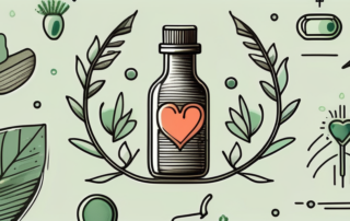 A bottle of hemp oil surrounded by various symbols of health such as a heart