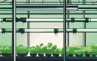 A hydroponic system with various plants growing in water filled tubes