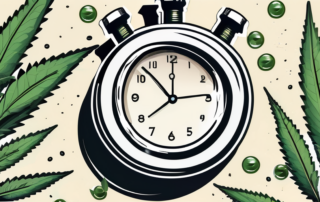 A clock set against a backdrop of hemp plants and hemp oil capsules
