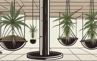 Several hemp plants hanging upside down in a well-ventilated